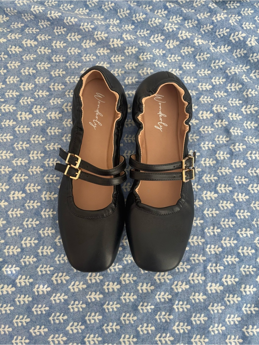 Wonderly Black Double-Strap Square-Toe Flats
